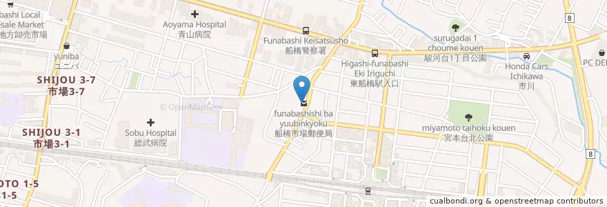 Mapa de ubicacion de 船橋市場郵便局 en 日本, 千葉県, 船橋市.