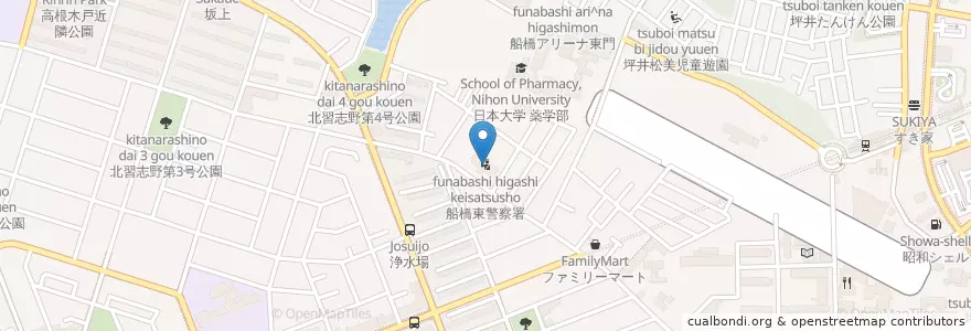 Mapa de ubicacion de 船橋東警察署 en Japonya, 千葉県, 船橋市.