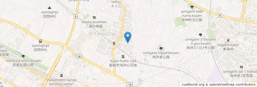 Mapa de ubicacion de 船橋海神郵便局 en Japón, Prefectura De Chiba, Funabashi.