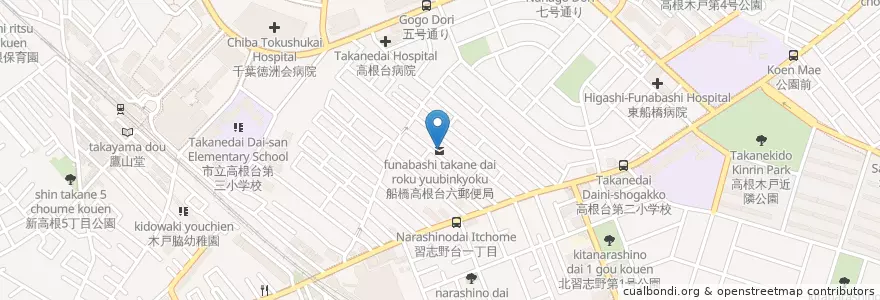 Mapa de ubicacion de 船橋高根台六郵便局 en 日本, 千葉県, 船橋市.