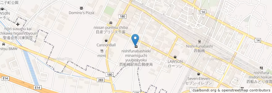 Mapa de ubicacion de 西船橋駅南口郵便局 en Japan, Präfektur Chiba, 船橋市.
