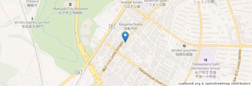 Mapa de ubicacion de 松戸西窪郵便局 en Japon, Préfecture De Chiba, 松戸市.