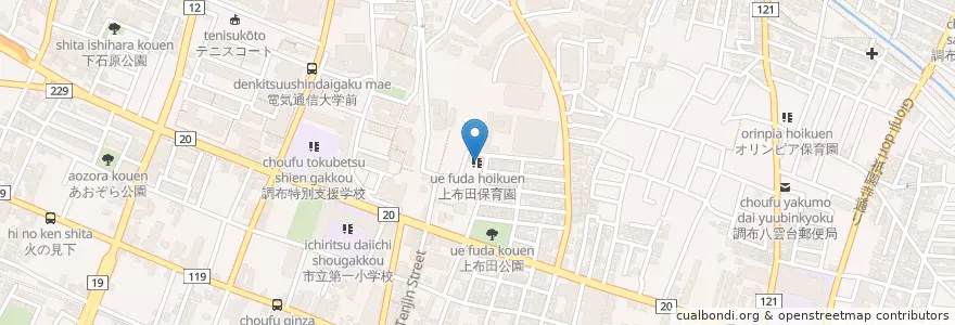Mapa de ubicacion de 上布田保育園 en Japan, 東京都, 調布市.