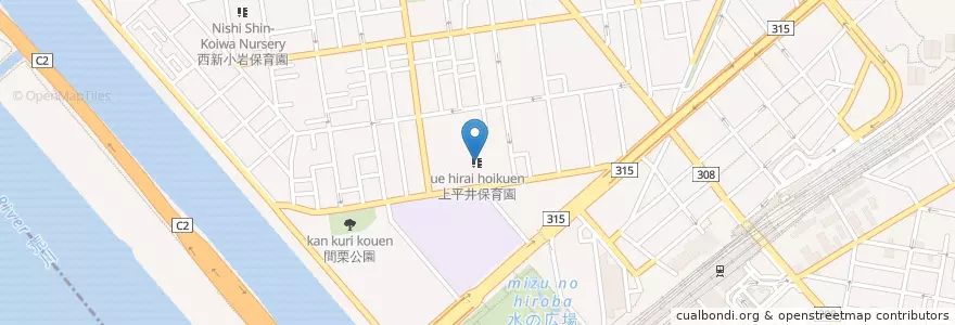 Mapa de ubicacion de 上平井保育園 en Japão, Tóquio, 葛飾区.