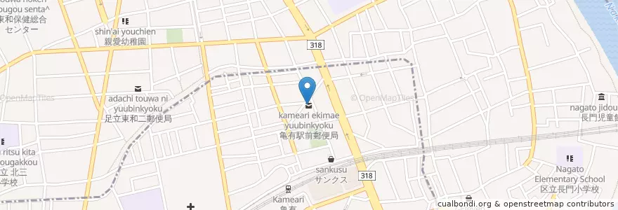 Mapa de ubicacion de 亀有駅前郵便局 en اليابان, 東京都, 足立区.