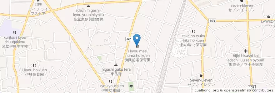 Mapa de ubicacion de 伊興前沼保育園 en Japan, 東京都, 足立区.