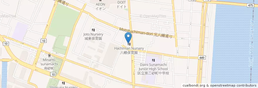 Mapa de ubicacion de 八幡保育園 en 日本, 東京都, 江東区.