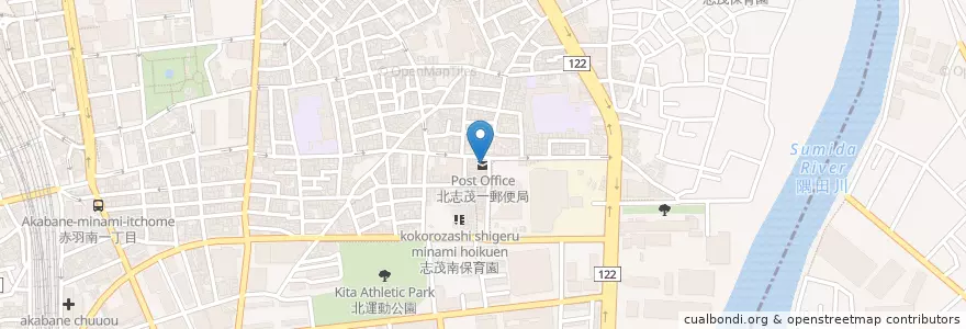 Mapa de ubicacion de 北志茂一郵便局 en 日本, 東京都, 北区.