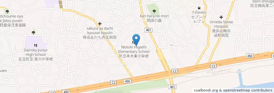 Mapa de ubicacion de 旧・足立区立 本木東小学校 en Japan, 東京都, 足立区.