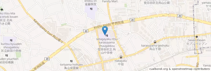Mapa de ubicacion de 世田谷区立 烏山中学校 en Japonya, 東京都, 世田谷区.