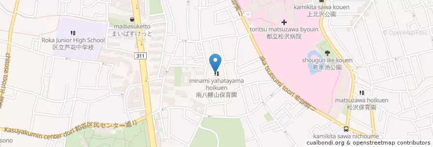 Mapa de ubicacion de 南八幡山保育園 en Jepun, 東京都, 世田谷区.