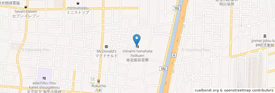 Mapa de ubicacion de 南花畑保育園 en 일본, 도쿄도, 足立区.
