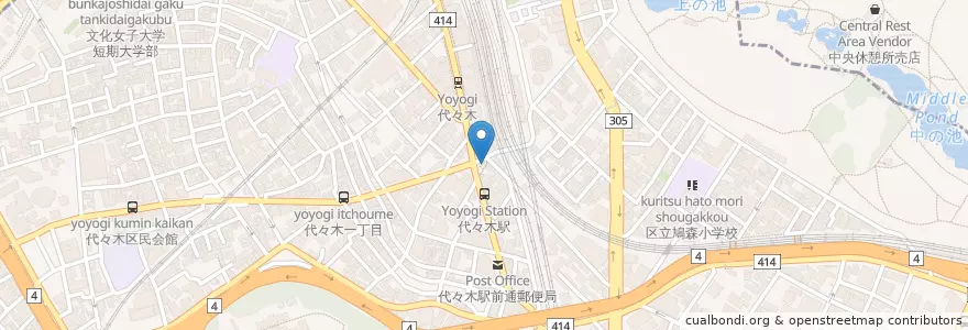 Mapa de ubicacion de 原宿警察署代々木駅前交番 en Japão, Tóquio, 新宿区, 渋谷区.