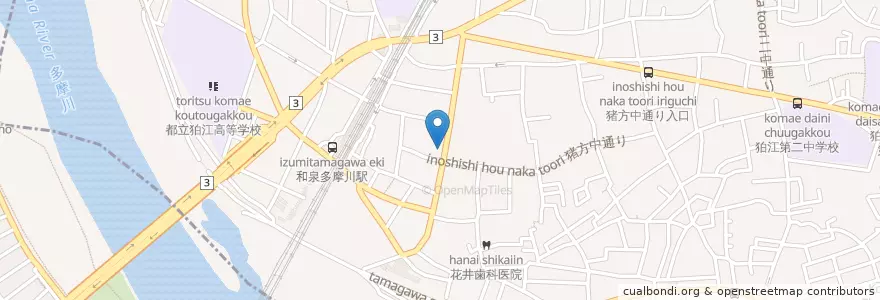 Mapa de ubicacion de 和泉多摩川駅前郵便局 en Japão, 神奈川県, Tóquio, 川崎市, 狛江市.