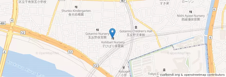 Mapa de ubicacion de 子ひばり保育園 en Jepun, 東京都, 足立区.
