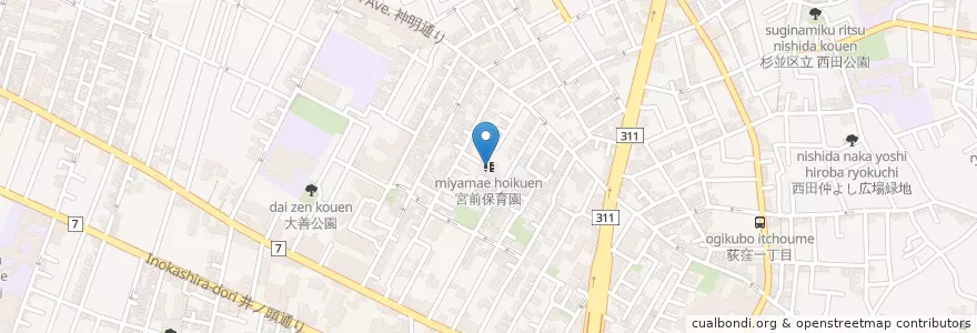 Mapa de ubicacion de 宮前保育園 en Japonya, 東京都, 杉並区.