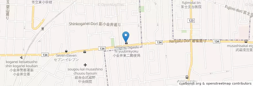 Mapa de ubicacion de 小金井東二郵便局 en Japonya, 東京都, 三鷹市.