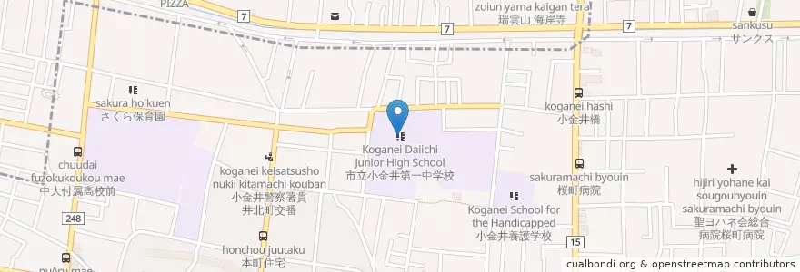 Mapa de ubicacion de 市立小金井第一中学校 en 日本, 東京都, 小金井市.