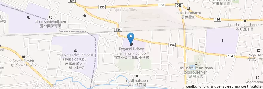 Mapa de ubicacion de 市立小金井第四小学校 (Koganei Daiyon Elementary School) en Jepun, 東京都, 小金井市.
