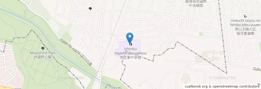 Mapa de ubicacion de 市立東中学校 en Japan, 東京都, 小金井市.