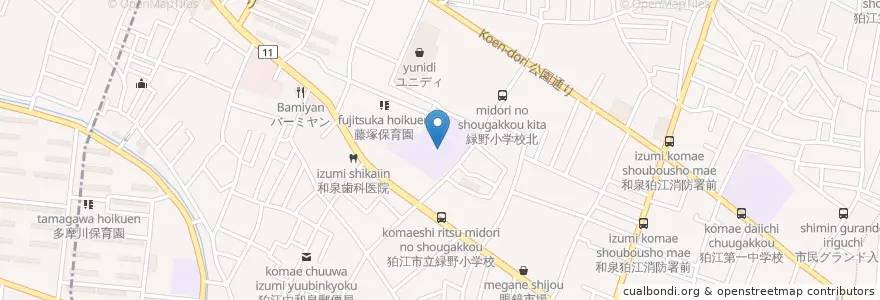 Mapa de ubicacion de 市立緑野小学校 en Japão, Tóquio, 狛江市.