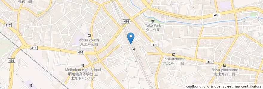 Mapa de ubicacion de 恵比寿駅ビル内郵便局 en Japan, 東京都, 渋谷区.