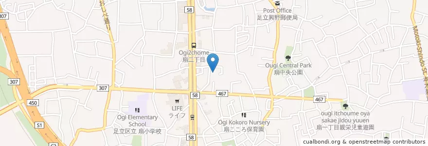Mapa de ubicacion de 扇大橋病院 en Japão, Tóquio, 足立区.