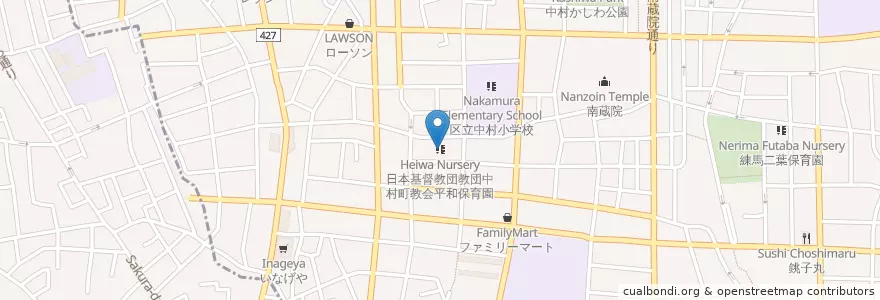 Mapa de ubicacion de 日本基督教団教団中村町教会平和保育園 en Japan, 東京都, 中野区, 練馬区.