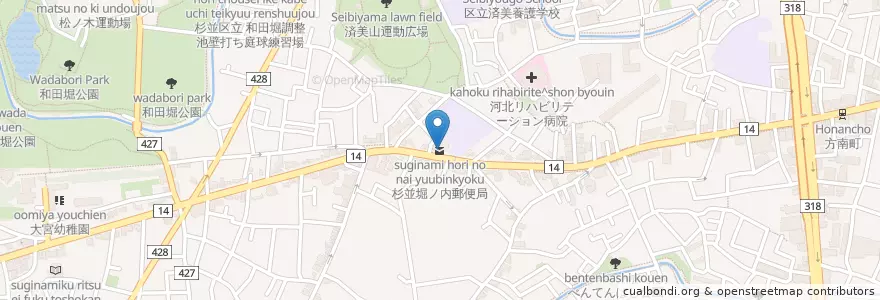 Mapa de ubicacion de 杉並堀ノ内郵便局 en Giappone, Tokyo, 杉並区.