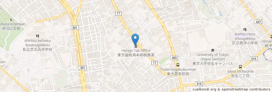 Mapa de ubicacion de 東京国税局本郷税務署 en ژاپن, 東京都, 文京区.