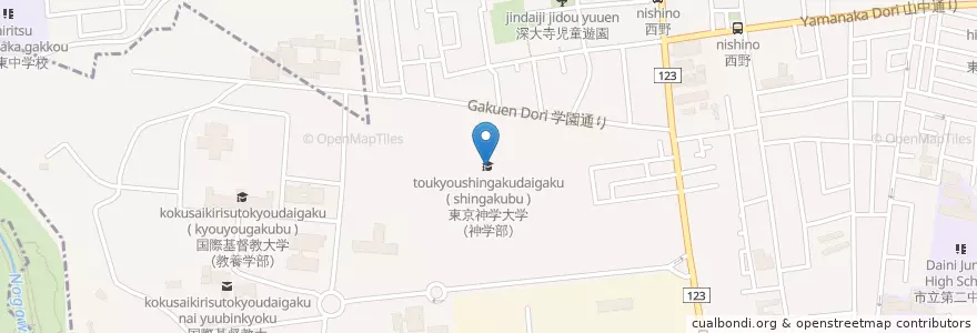Mapa de ubicacion de 東京神学大学（神学部） en اليابان, 東京都, 三鷹市.