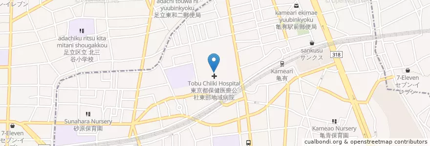 Mapa de ubicacion de 東京都保健医療公社東部地域病院 en 日本, 東京都, 足立区.