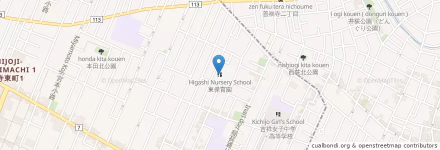 Mapa de ubicacion de 東保育園 en Japonya, 東京都, 杉並区, 武蔵野市.