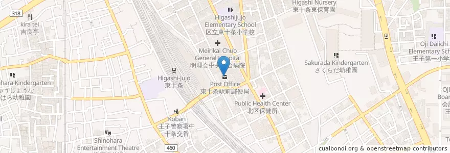 Mapa de ubicacion de 東十条駅前郵便局 en 日本, 東京都, 北区.