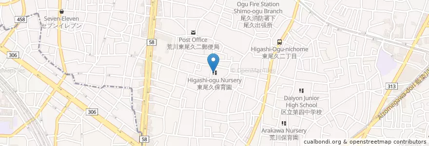Mapa de ubicacion de 東尾久保育園 en Japan, 東京都.
