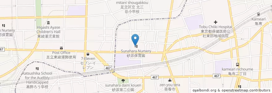 Mapa de ubicacion de 砂原保育園 en 일본, 도쿄도, 足立区.