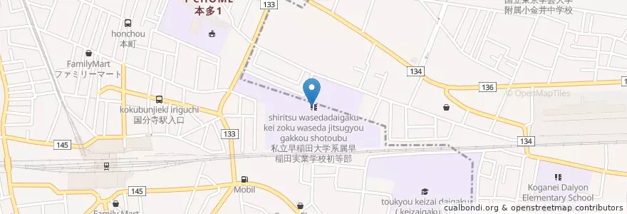 Mapa de ubicacion de 私立早稲田大学系属早稲田実業学校初等部 en اليابان, 東京都, 国分寺市.