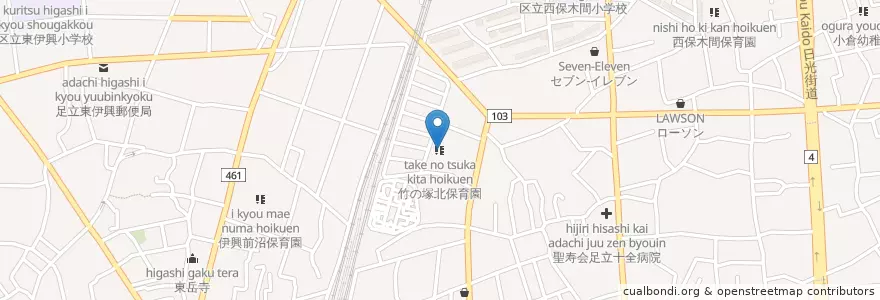 Mapa de ubicacion de 竹の塚北保育園 en Japonya, 東京都, 足立区.