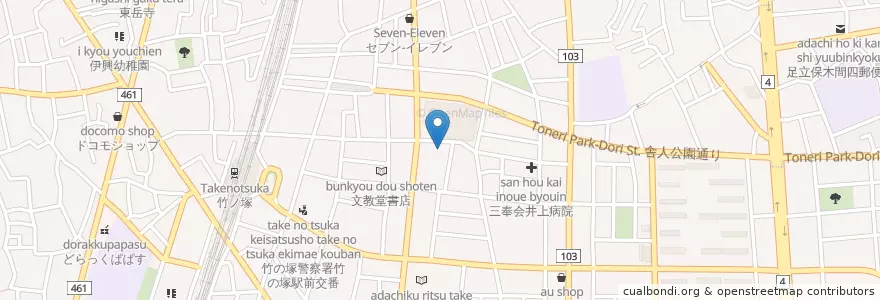 Mapa de ubicacion de 竹塚幼稚園 en 일본, 도쿄도, 足立区.
