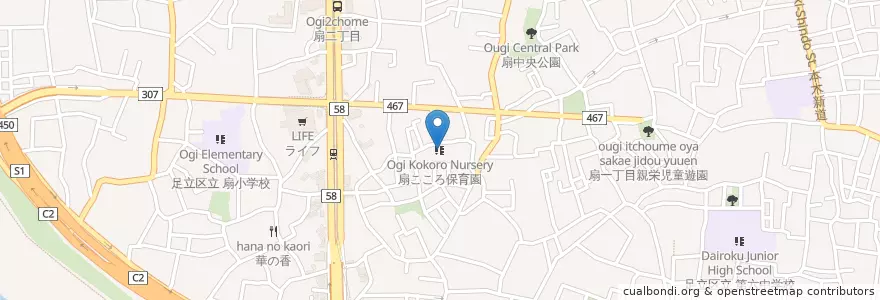 Mapa de ubicacion de 扇こころ保育園 en Japonya, 東京都, 足立区.