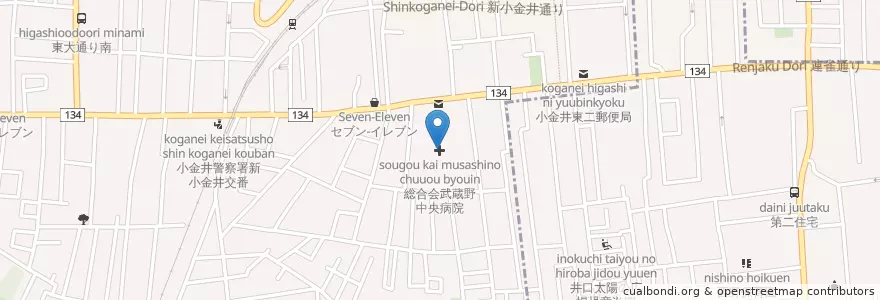 Mapa de ubicacion de 総合会武蔵野中央病院 en Japonya, 東京都, 小金井市.