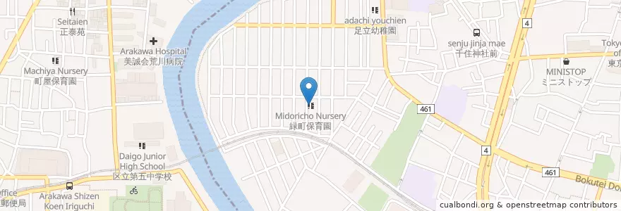 Mapa de ubicacion de 緑町保育園 en 日本, 东京都/東京都, 足立区.