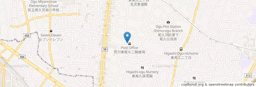 Mapa de ubicacion de 荒川東尾久二郵便局 en 日本, 東京都.