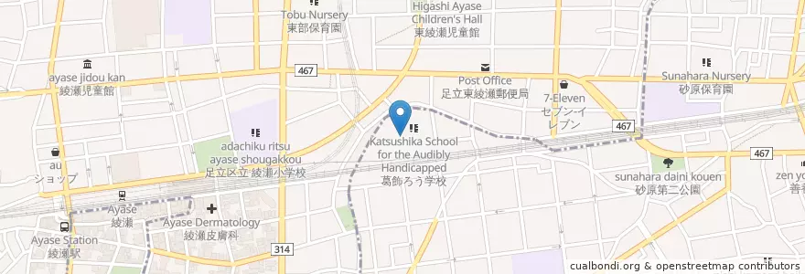 Mapa de ubicacion de 葛飾ろう学校 en Japonya, 東京都, 足立区.