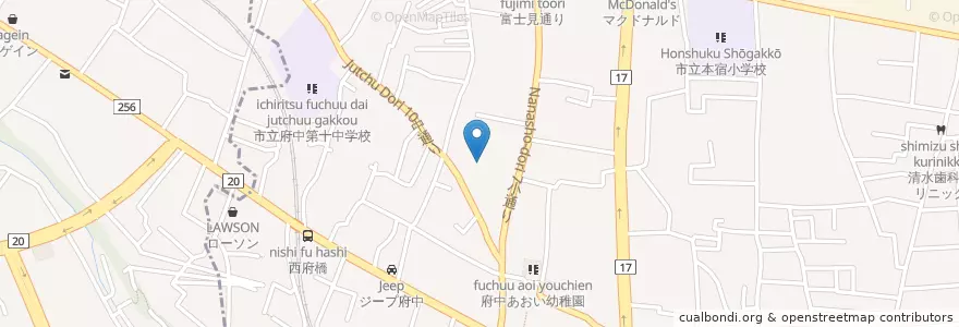 Mapa de ubicacion de 西府保育所 en Japonya, 東京都, 府中市.