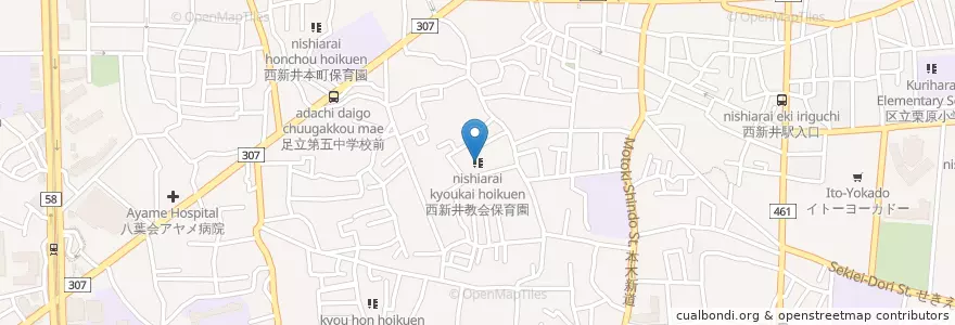 Mapa de ubicacion de 西新井教会保育園 en 日本, 東京都, 足立区.
