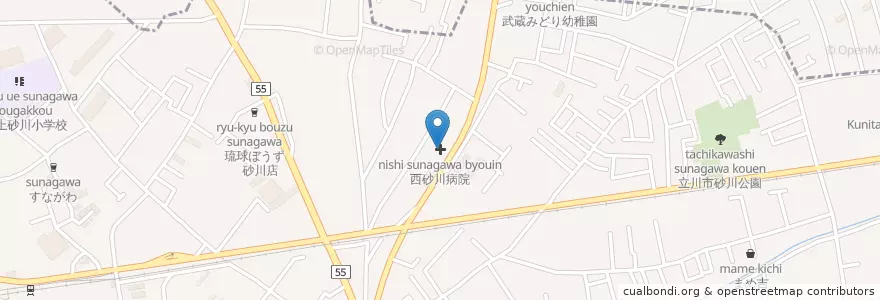 Mapa de ubicacion de 西砂川病院 en Japan, Tokio, 立川市.