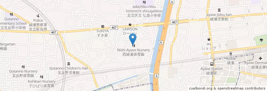 Mapa de ubicacion de 西綾瀬保育園 en 日本, 東京都, 足立区.