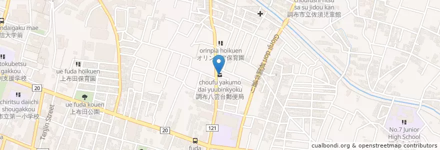 Mapa de ubicacion de 調布八雲台郵便局 en Japão, Tóquio, 調布市.
