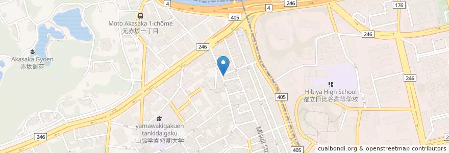 Mapa de ubicacion de 赤坂一ツ木通郵便局 en Japan, 東京都.
